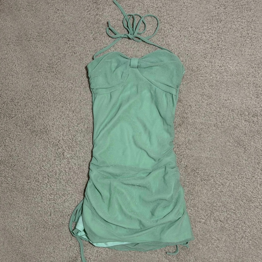 Green Sparkly Side Ruched Halter Mini Dress
